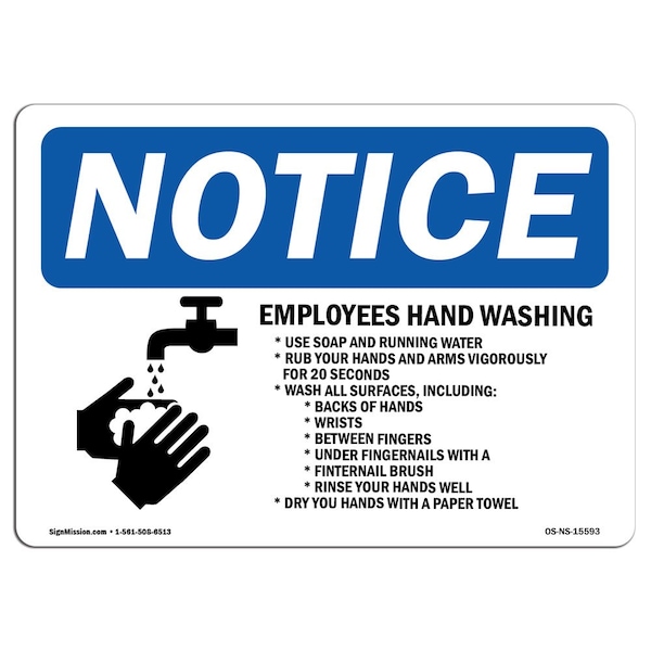 OSHA Sign, Employee Hand Washing, 5in X 3.5in Decal, 10PK, 3.5" W, 5" L, Landscape, PK10